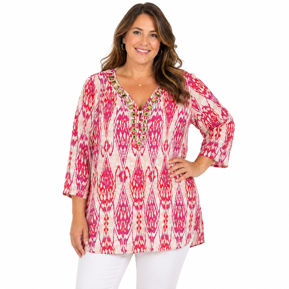 Jones New York Signature Beaded Rhinestone 100% Linen Top Blouse Shirt sz XL